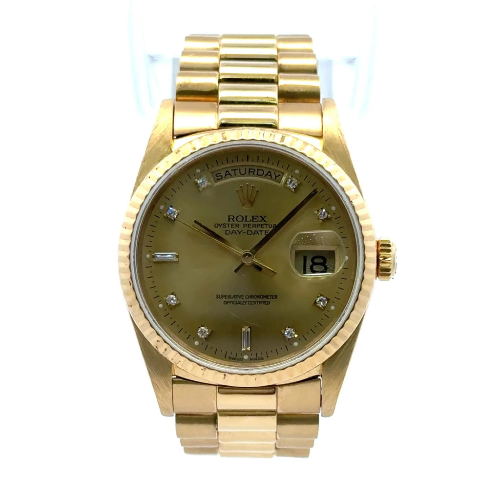1989 Rolex Day Date #18038 - 36 mm Presidential 18k Full Gold Fluted Bezel Gold Diamond Dial